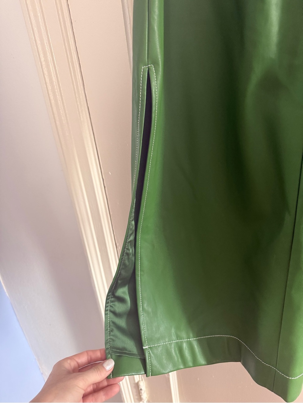 STAUD Bright Green Faux Leather Midi Skirt with Front Flap Pockets - Picture 10 of 11